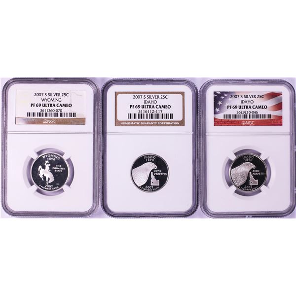 Lot of (3) 2007-S Proof Silver State Quarter Coins NGC PF69 Ultra Cameo