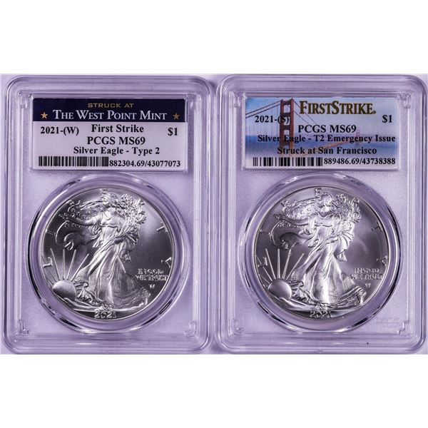 Lot of 2021-(S) & (W) Type 2 $1 American Silver Eagle Coins PCGS MS69 First Strike