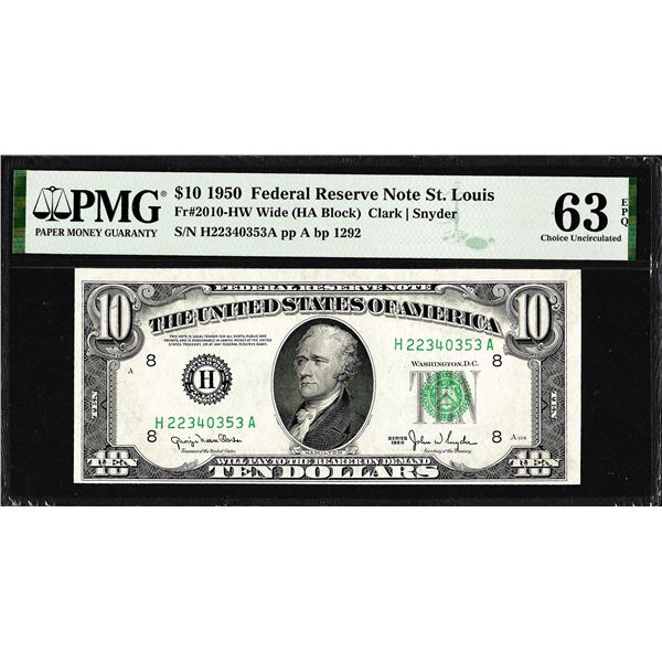 1950 $10 Federal Reserve Note St. Louis Fr.2010-HW Wide PMG Choice Uncirculated 63EPQ