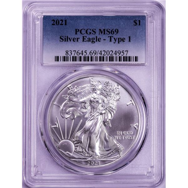 2021 Type 1 $1 American Silver Eagle Coin PCGS MS69