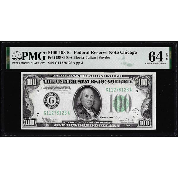 1934C $100 Federal Reserve Note Chicago Fr.2155-G PMG Choice Uncirculated 64EPQ