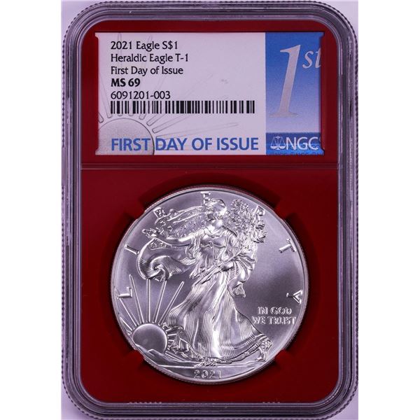 2021 Type 1 $1 American Silver Eagle Coin NGC MS69 First Day of Issue Red Core