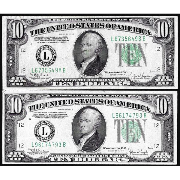 Lot of (2) 1934C $10 Federal Reserve Notes San Francisco