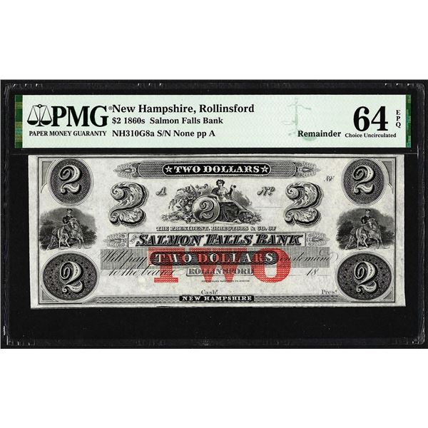 1860's $2 Salmon Falls Bank Rollinsford, NH Obsolete Note PMG Ch. Uncirculated 64EPQ