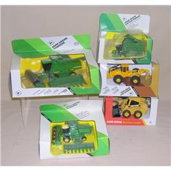 (5) JD 1/64th & other Toys--Combines, Skidder, Skid Loader, & more