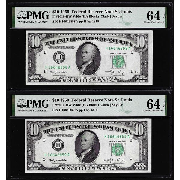 Lot of (2) Consecutive 1950 $10 Federal Reserve Notes PMG Choice Uncirculated 64EPQ