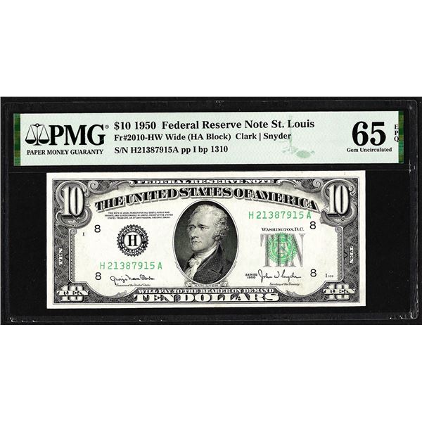 1950 $10 Federal Reserve Note St. Louis Fr.2010-HW PMG Gem Uncirculated 65EPQ