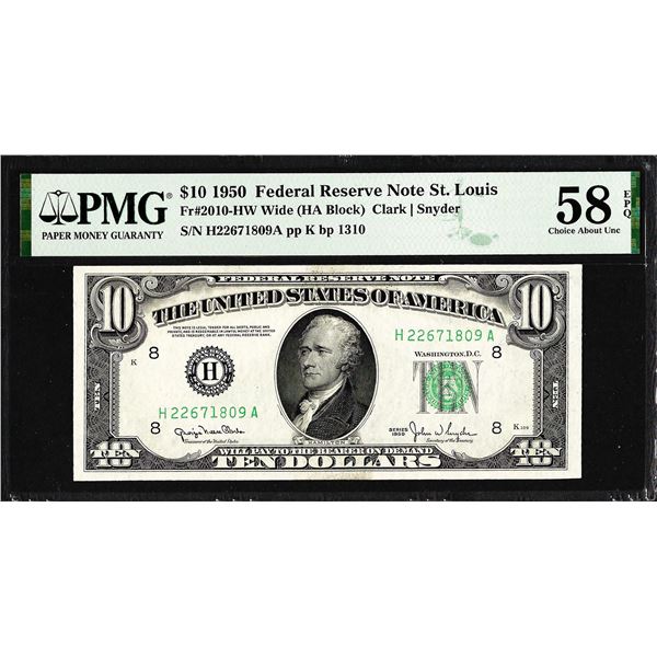 1950 $10 Federal Reserve Note St. Louis Fr.2010-HW Wide PMG About Uncirculated 58EPQ