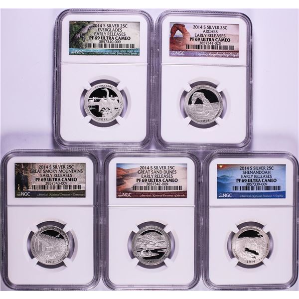2014-S Silver Proof National Parks Quarter (5) Coin Set NGC PF69 Ultra Cameo