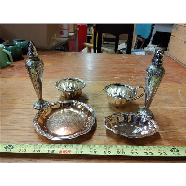 Ornate Metal Serving Set, Salt and Peppers, Cream and Sugar & Trays