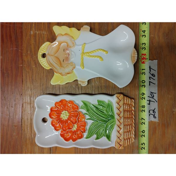 2 Ceramic Decorative Pieces, Angel and Flowers