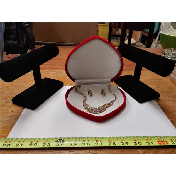 Necklace and Earings In Heart Shaped Box W/ 2 Display Stands