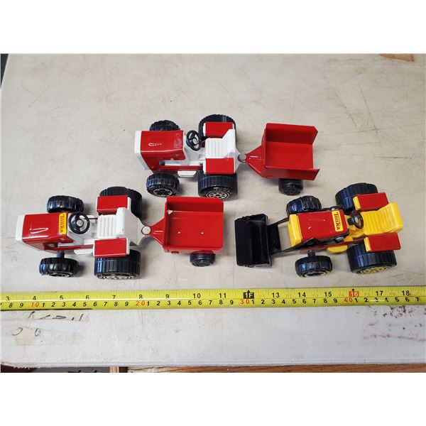 THREE TONKA TRACTORS ONE W/ BUCKET, TWO TRAILERS -GOOD SHAPE