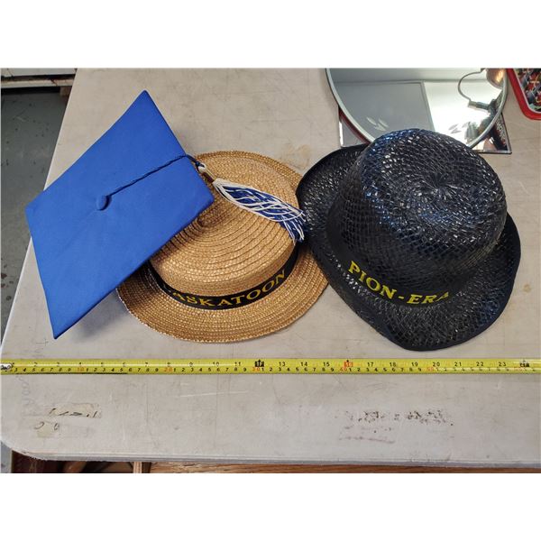 TWO "PION-ERA" SASKATOON STRAW HATS & GRADUATION CAP