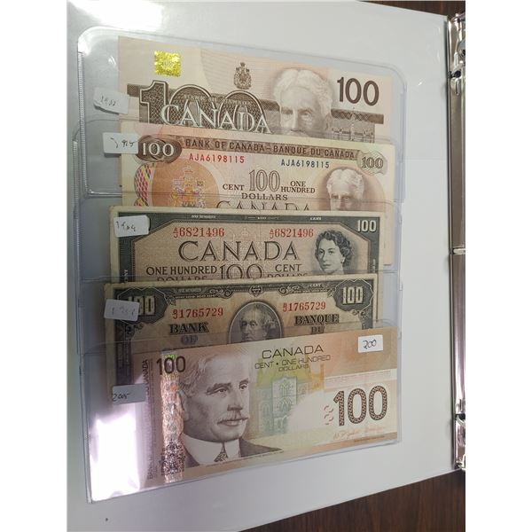 5 X Canadian $100 Bills 1937, 1954, 1975, 1988, 2004