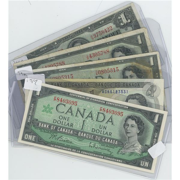 5 X Canadian $1 Bills, 1937, 2-1954 (devils face), 1967, 1993