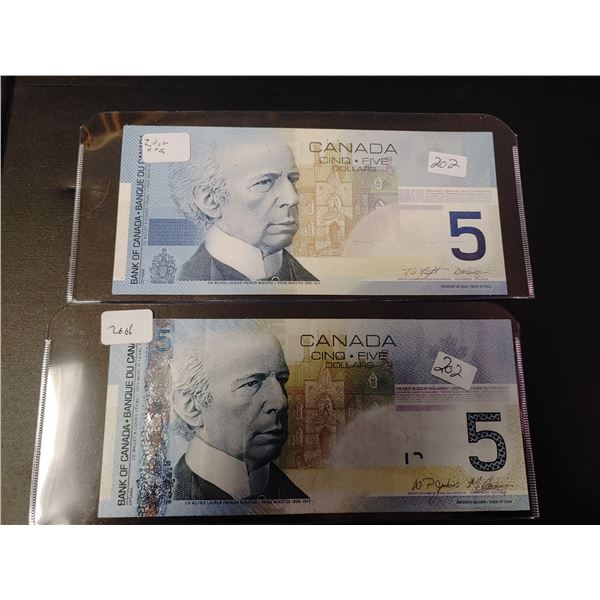 7 X Canadian $5 Bills, 1937, 1954, 1972, 1979, 1986, 2004, 2006