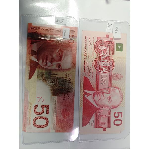 5 X Canadian $50 Bills, 1937, 1954, 1975, 1988, 2004