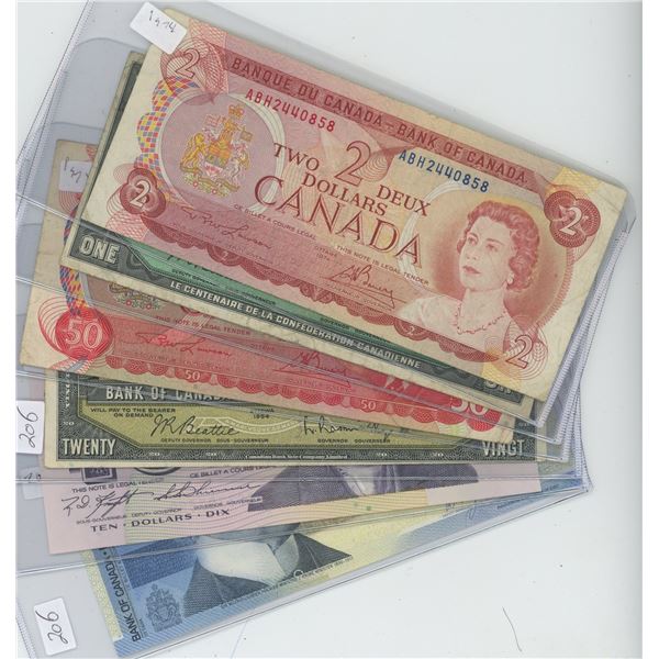 6 X Canadian Bills, $1 1967, $2, 1974, $5 2002, $10 1989, $20 1954, $59 1975