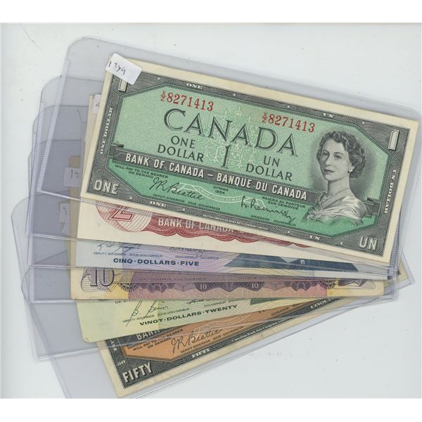 6 X Canadian Bills, $1 1954, $2 1974, $5 1986, $10, 1971, $20 1991, $50 1954