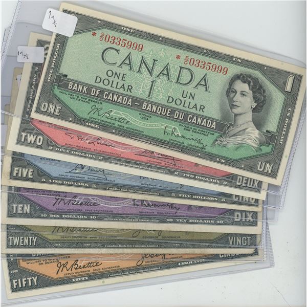 6 X Canadian 1954 Bills, $1, $2, $5, $10, $20, $50