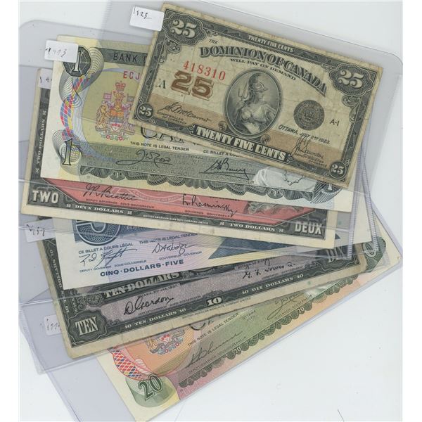 6 X Canadian Bills, $.25 1923, $1 1973, $2 1954, $5 1986, $10 1937, $20 1979