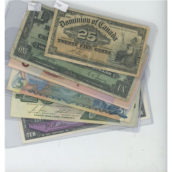 6 X Canadian Bills, $.25 1900, $1 1937, $2 1986, $5 1979, $10 1954, $20 1991