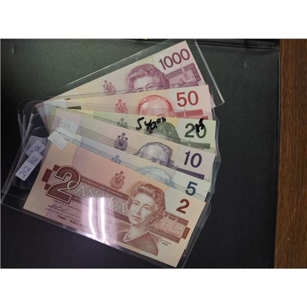 6 X Canadian Bills, $2 1986, $5 1986. $10 1989, $20 1991, $50 1988, $1000 1988