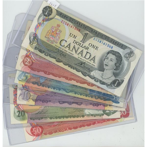 6 X Canadian Bills, $1 1973, $2 1974, $5 1972, $10 1971, $20 1979, $50 1975