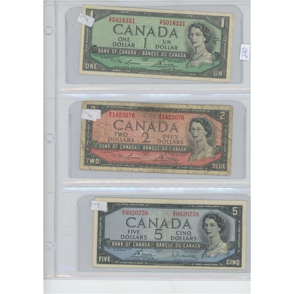 3 X Canadian Bills, $1 1954, $2 1954, $5 1954