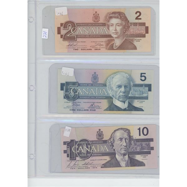 3 X Camadian Bills $2 1986, $5 1986, $10 1989