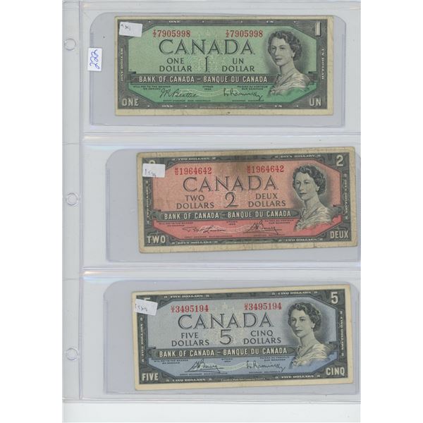 3 X Canadian Bills $1 1954, $2 1954, $5 1954