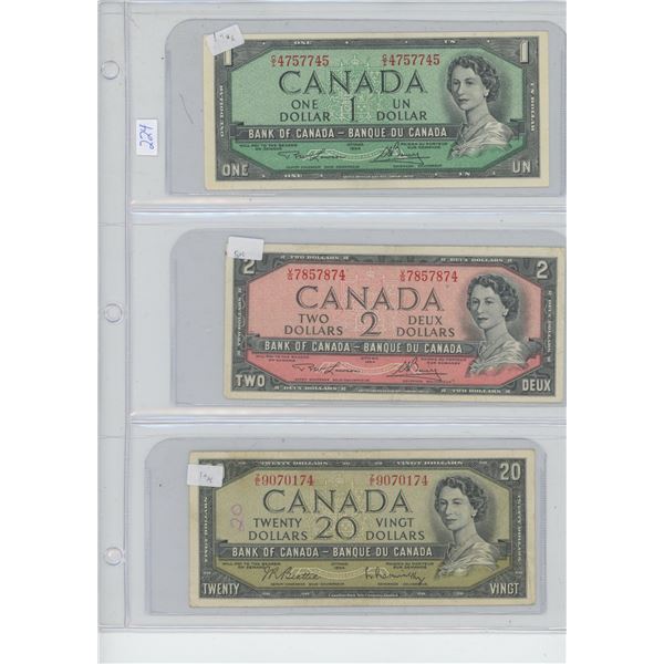3 X Canadian Bills, $1 1954, $2 1954, $20 1954