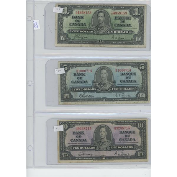 3 X Canadian 1937 Bills, $1, $5, $10