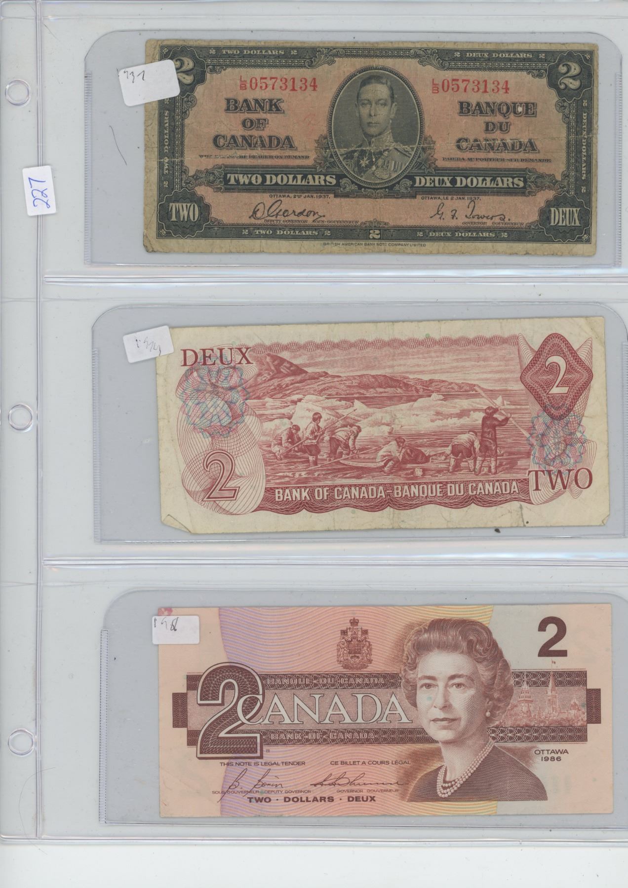 3 X Canadian $2 Bills, 1937, 1974, 1986