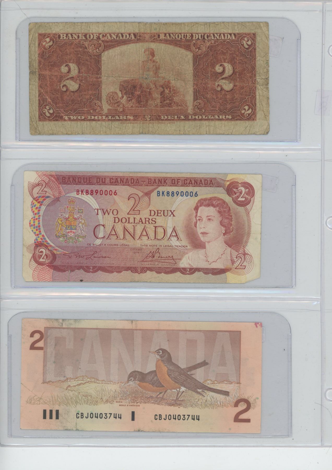 3 X Canadian $2 Bills, 1937, 1974, 1986