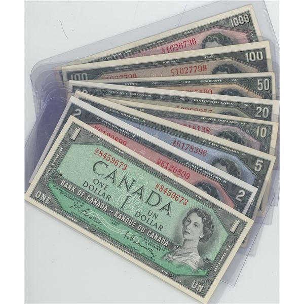 8 X Canadian Bills, 1954 Complete Set, $1, $2, $5, $10, $20, $50, $100, $1000