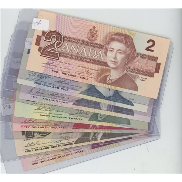 7 X Canadian Bills, $1000 1988, $199 1988, $50 1988, $20 1991, $10 1989, $5 1986, $2 1986