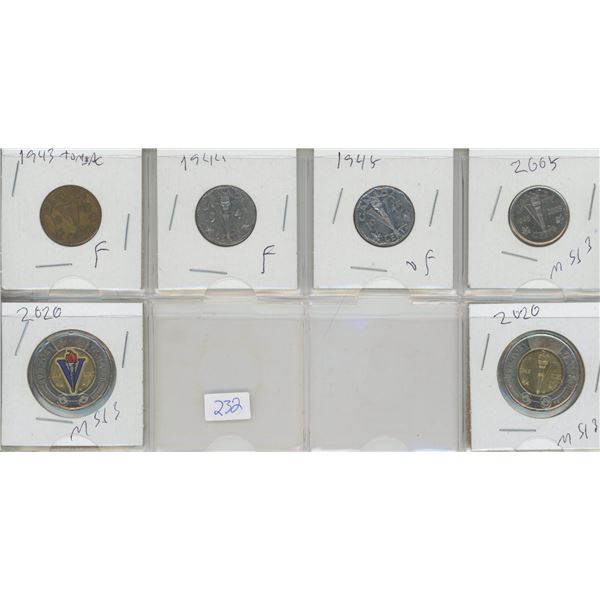 Collection of Victory Nickles 1943 Tombac, 1944, 1948, 2005, and 2 2020 Toonies