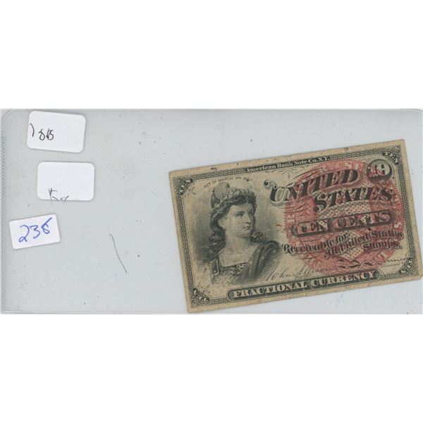 American Fractional Currency Ten Cent Note, Act of 1863