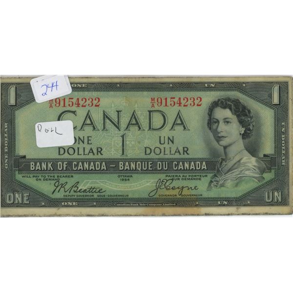 $1 Canadian Bill 1954 (Laminated?)