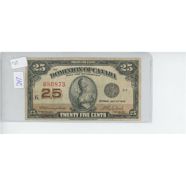 Dominion Of Canada .25 Cent Shinplaster 1923