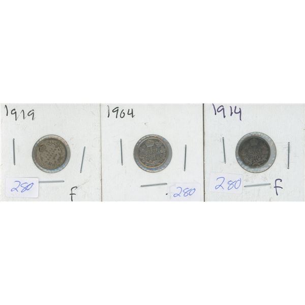 1919, 1914, and 1904 Candian 5 Cent Pieces