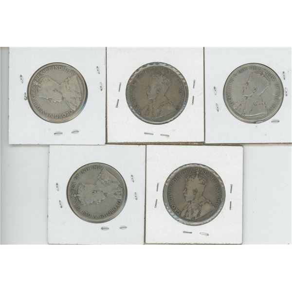 5 X Canadian 50 Cent Piece 1913, 1916, 1918, 1919, 1920