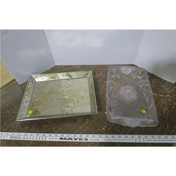 2 Serving Trays - 1 Glass w/ Roses, 1 Plastic/Glass