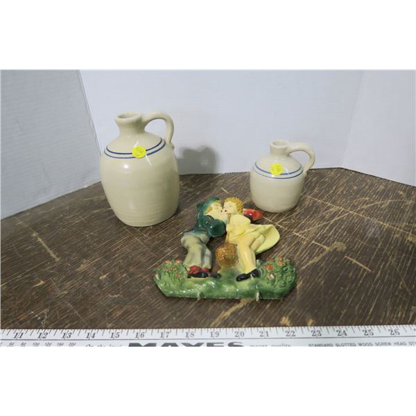 2 Master Pottery Mini Jugs & Boy/Girl Chalkware piece