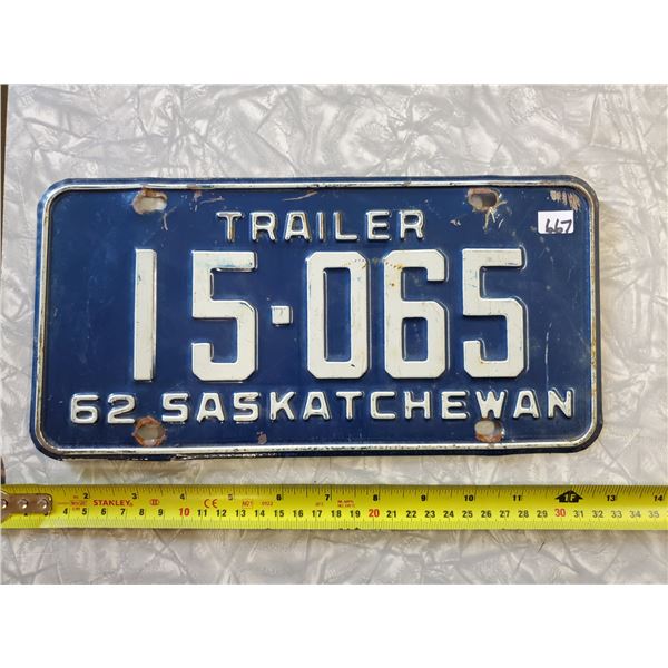 1962 SASKATCHEWAN TRAILER PLATE