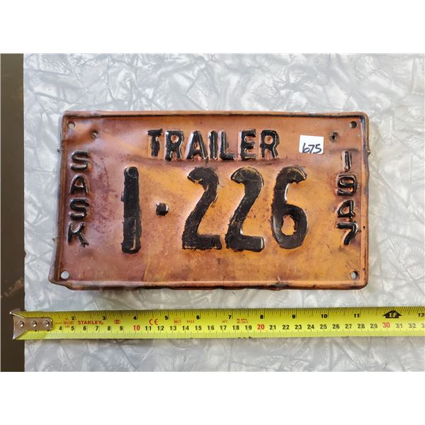 1947 SASKATCHEWAN TRAILER PLATE (REPAINTED)