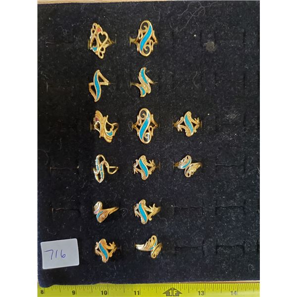 12 Gold Over-lay Stone Rings – Various Sizes + Display