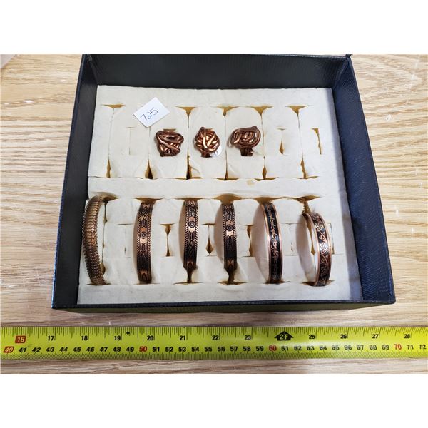 6 Copper Bracelets, 3 Copper Rings with Display